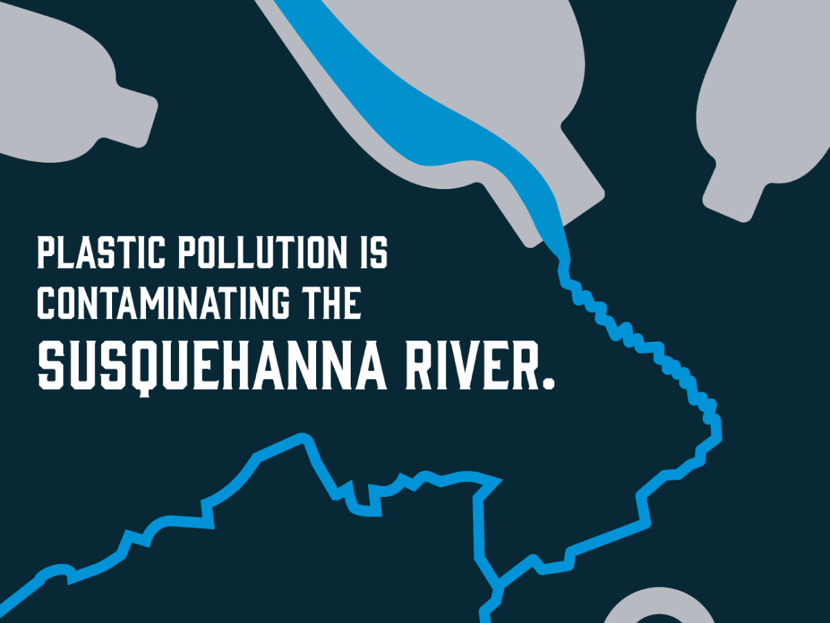 white text on blue background that reads plastic pollution is contaminating the susquehanna river